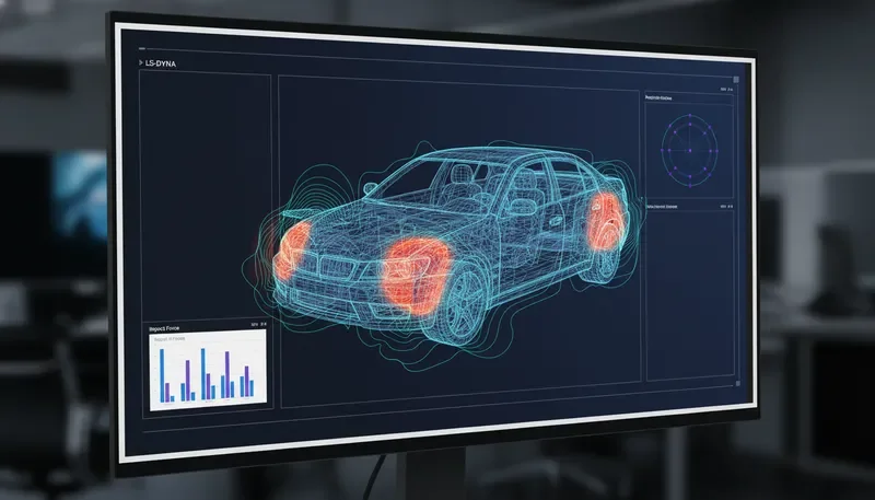 Automotive crash simulation wireframe with deformation highlights