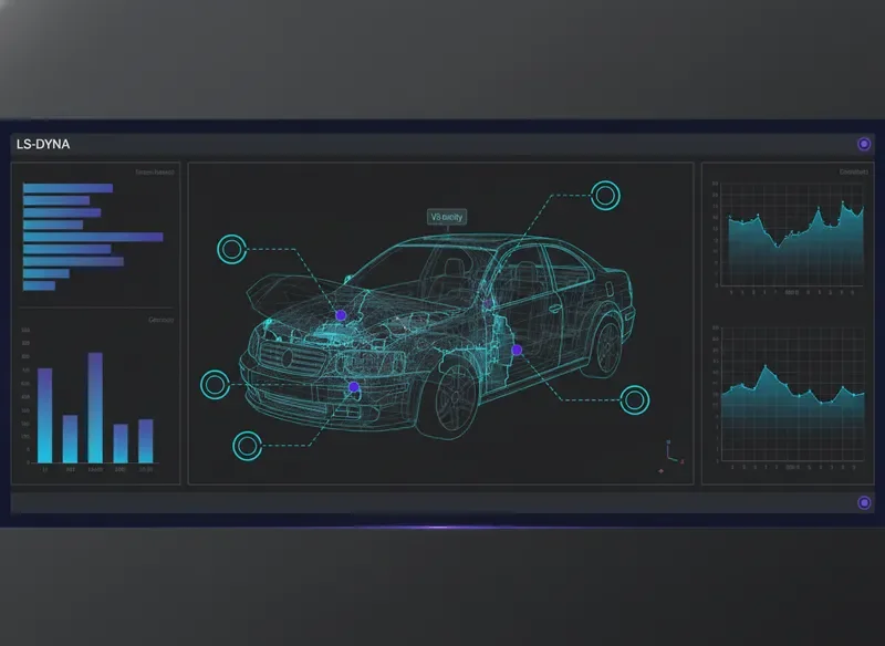 d3VIEW LS-DYNA simulation analysis dashboard with cyan annotations