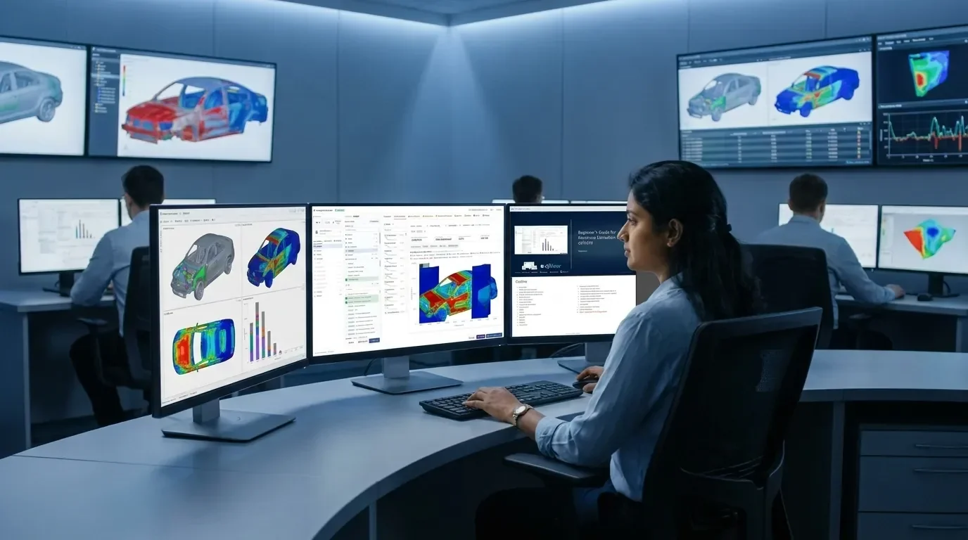 LS-DYNA simulation dashboard environment showing engineering analysis visualizations and data charts