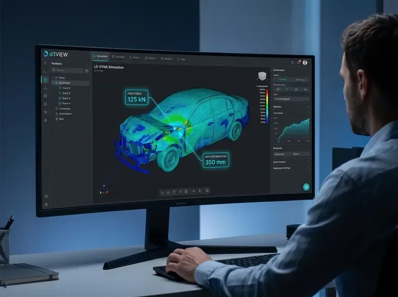 d3VIEW LS-DYNA simulation workflow dashboard showing crash analysis with cyan annotation callouts